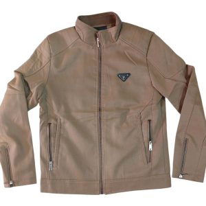 Men's Tan Faux Leather Racer Jacket with Quilted Shoulders